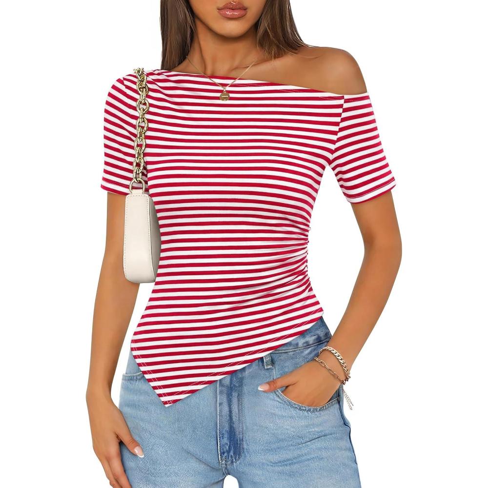 imageZESICA Womens Summer Off The Shoulder Going Out Tops 2026 Short Sleeve Asymmetrical Ruched Fitted Shirts Trendy Y2K TopRed