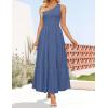 ZESICA Women’s 2026 Bohemian Summer Floral Print One Shoulder Sleeveless Smocked Ruffle Tiered Beach Long Midi Dress(Soliddarkblue)