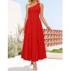 ZESICA Women’s 2026 Bohemian Summer Floral Print One Shoulder Sleeveless Smocked Ruffle Tiered Beach Long Midi Dress(Solidred)