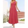ZESICA Women’s 2026 Bohemian Summer Floral Print One Shoulder Sleeveless Smocked Ruffle Tiered Beach Long Midi Dress(Solidwatermelon)