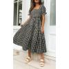ZESICA Women’s 2026 Bohemian Summer Plaid Square Neck Puff Sleeve Ruffle Flowy Beach Midi Dress(Black)