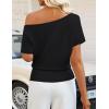 ZESICA Women’s Off The Shoulder Short Sleeve Sweater Tops 2026 Summer Casual Ruched Knit Going Out Trendy Spring Shirts(Black)