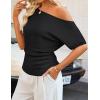 ZESICA Women’s Off The Shoulder Short Sleeve Sweater Tops 2026 Summer Casual Ruched Knit Going Out Trendy Spring Shirts(Black)