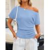 ZESICA Women’s Off The Shoulder Short Sleeve Sweater Tops 2026 Summer Casual Ruched Knit Going Out Trendy Spring Shirts(Blue)