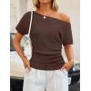 ZESICA Women’s Off The Shoulder Short Sleeve Sweater Tops 2026 Summer Casual Ruched Knit Going Out Trendy Spring Shirts(Coffee)