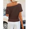 ZESICA Women’s Off The Shoulder Short Sleeve Sweater Tops 2026 Summer Casual Ruched Knit Going Out Trendy Spring Shirts(Coffee)