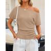 ZESICA Women’s Off The Shoulder Short Sleeve Sweater Tops 2026 Summer Casual Ruched Knit Going Out Trendy Spring Shirts(Khaki)