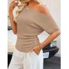 ZESICA Women’s Off The Shoulder Short Sleeve Sweater Tops 2026 Summer Casual Ruched Knit Going Out Trendy Spring Shirts(Khaki)