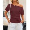 ZESICA Women’s Off The Shoulder Short Sleeve Sweater Tops 2026 Summer Casual Ruched Knit Going Out Trendy Spring Shirts(Wine)