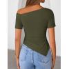 ZESICA Women’s Summer Off The Shoulder Going Out Tops 2026 Short Sleeve Asymmetrical Ruched Fitted Shirts Trendy Y2K Top(Armygreen)