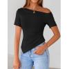 ZESICA Women’s Summer Off The Shoulder Going Out Tops 2026 Short Sleeve Asymmetrical Ruched Fitted Shirts Trendy Y2K Top(Black)