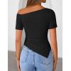 ZESICA Women’s Summer Off The Shoulder Going Out Tops 2026 Short Sleeve Asymmetrical Ruched Fitted Shirts Trendy Y2K Top(Black)