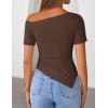 ZESICA Women’s Summer Off The Shoulder Going Out Tops 2026 Short Sleeve Asymmetrical Ruched Fitted Shirts Trendy Y2K Top(Coffee)