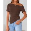 ZESICA Women’s Summer Off The Shoulder Going Out Tops 2026 Short Sleeve Asymmetrical Ruched Fitted Shirts Trendy Y2K Top(Coffee)