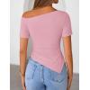 ZESICA Women’s Summer Off The Shoulder Going Out Tops 2026 Short Sleeve Asymmetrical Ruched Fitted Shirts Trendy Y2K Top(Pink)