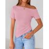 ZESICA Women’s Summer Off The Shoulder Going Out Tops 2026 Short Sleeve Asymmetrical Ruched Fitted Shirts Trendy Y2K Top(Pink)