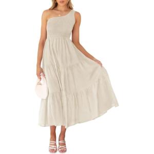 ZESICA Women’s 2026 Bohemian Summer Floral Print One Shoulder Sleeveless Smocked Ruffle Tiered Beach Long Midi Dress(Beige)