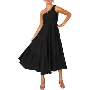 ZESICA Women’s 2026 Bohemian Summer Floral Print One Shoulder Sleeveless Smocked Ruffle Tiered Beach Long Midi Dress(Black)