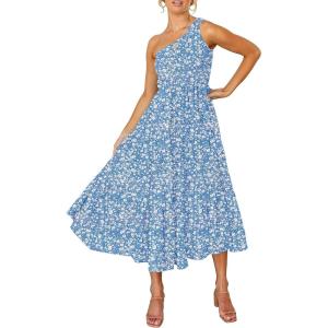 ZESICA Women’s 2026 Bohemian Summer Floral Print One Shoulder Sleeveless Smocked Ruffle Tiered Beach Long Midi Dress(Blue)