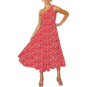 ZESICA Women’s 2026 Bohemian Summer Floral Print One Shoulder Sleeveless Smocked Ruffle Tiered Beach Long Midi Dress(Cherry)