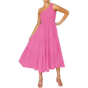 ZESICA Women’s 2026 Bohemian Summer Floral Print One Shoulder Sleeveless Smocked Ruffle Tiered Beach Long Midi Dress(Hotpink)