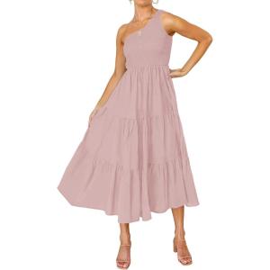 ZESICA Women’s 2026 Bohemian Summer Floral Print One Shoulder Sleeveless Smocked Ruffle Tiered Beach Long Midi Dress(Solidpink)