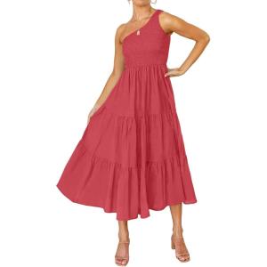 ZESICA Women’s 2026 Bohemian Summer Floral Print One Shoulder Sleeveless Smocked Ruffle Tiered Beach Long Midi Dress(Solidwatermelon)
