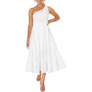 ZESICA Women’s 2026 Bohemian Summer Floral Print One Shoulder Sleeveless Smocked Ruffle Tiered Beach Long Midi Dress(White)