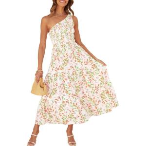 ZESICA Women’s 2026 Bohemian Summer Floral Print One Shoulder Sleeveless Smocked Ruffle Tiered Beach Long Midi Dress(Whitepink)
