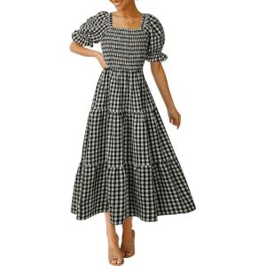 ZESICA Women’s 2026 Bohemian Summer Plaid Square Neck Puff Sleeve Ruffle Flowy Beach Midi Dress(Black)