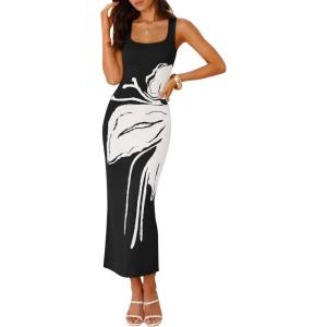 ZESICA Women’s 2026 Summer Spring Floral Maxi Dress Beach Vacation Casual Sleeveless Tank Knitted Bodycon Sweater Dresses(Black)