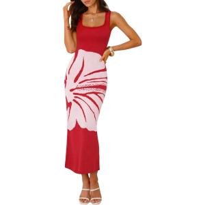 ZESICA Women’s 2026 Summer Spring Floral Maxi Dress Beach Vacation Casual Sleeveless Tank Knitted Bodycon Sweater Dresses(Red)