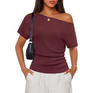 ZESICA Women’s Off The Shoulder Short Sleeve Sweater Tops 2026 Summer Casual Ruched Knit Going Out Trendy Spring Shirts(Wine)