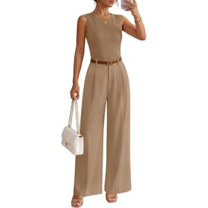 ZESICA Women’s Summer 2 Piece Outfits Knit Tops Suit Pants Matching Lounge Vacation Set Dressy Business Casual Clothes(Khaki)