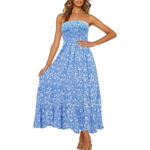 ZESICA Women’s Summer Boho Strapless Maxi Dress 2026 Casual Off Shoulder Smocked Flowy A Line Beach Holiday Long Dresses(Blue)