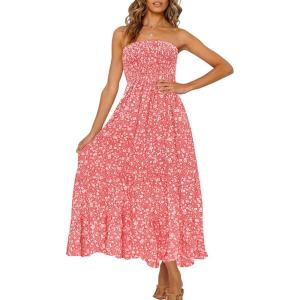 ZESICA Women’s Summer Boho Strapless Maxi Dress 2026 Casual Off Shoulder Smocked Flowy A Line Beach Holiday Long Dresses(Coralpink)