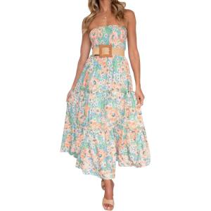 ZESICA Women’s Summer Boho Strapless Maxi Dress 2026 Casual Off Shoulder Smocked Flowy A Line Beach Holiday Long Dresses(Floral1)