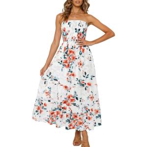 ZESICA Women’s Summer Boho Strapless Maxi Dress 2026 Casual Off Shoulder Smocked Flowy A Line Beach Holiday Long Dresses(Ivory)