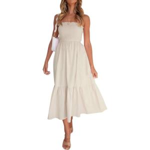 ZESICA Women’s Summer Boho Strapless Maxi Dress 2026 Casual Off Shoulder Smocked Flowy A Line Beach Holiday Long Dresses(Solidbeige)