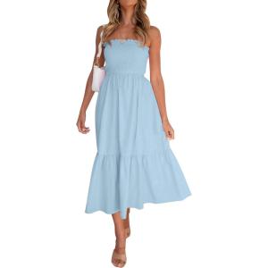 ZESICA Women’s Summer Boho Strapless Maxi Dress 2026 Casual Off Shoulder Smocked Flowy A Line Beach Holiday Long Dresses(Solidblue)