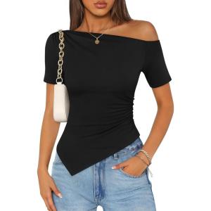 ZESICA Women’s Summer Off The Shoulder Going Out Tops 2026 Short Sleeve Asymmetrical Ruched Fitted Shirts Trendy Y2K Top(Black)