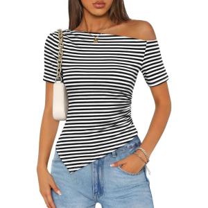 ZESICA Women’s Summer Off The Shoulder Going Out Tops 2026 Short Sleeve Asymmetrical Ruched Fitted Shirts Trendy Y2K Top(Ebony)