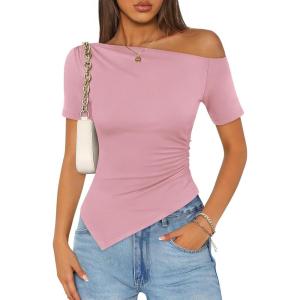 ZESICA Women’s Summer Off The Shoulder Going Out Tops 2026 Short Sleeve Asymmetrical Ruched Fitted Shirts Trendy Y2K Top(Pink)