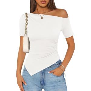 ZESICA Women’s Summer Off The Shoulder Going Out Tops 2026 Short Sleeve Asymmetrical Ruched Fitted Shirts Trendy Y2K Top(White)