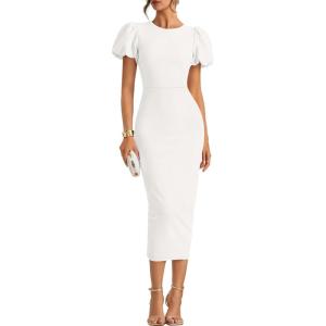 ZESICA Women’s Summer Short Sleeve Bodycon Midi Dress 2026 Spring Elegant Formal Wedding Guest Cocktail Party Dresses(White)