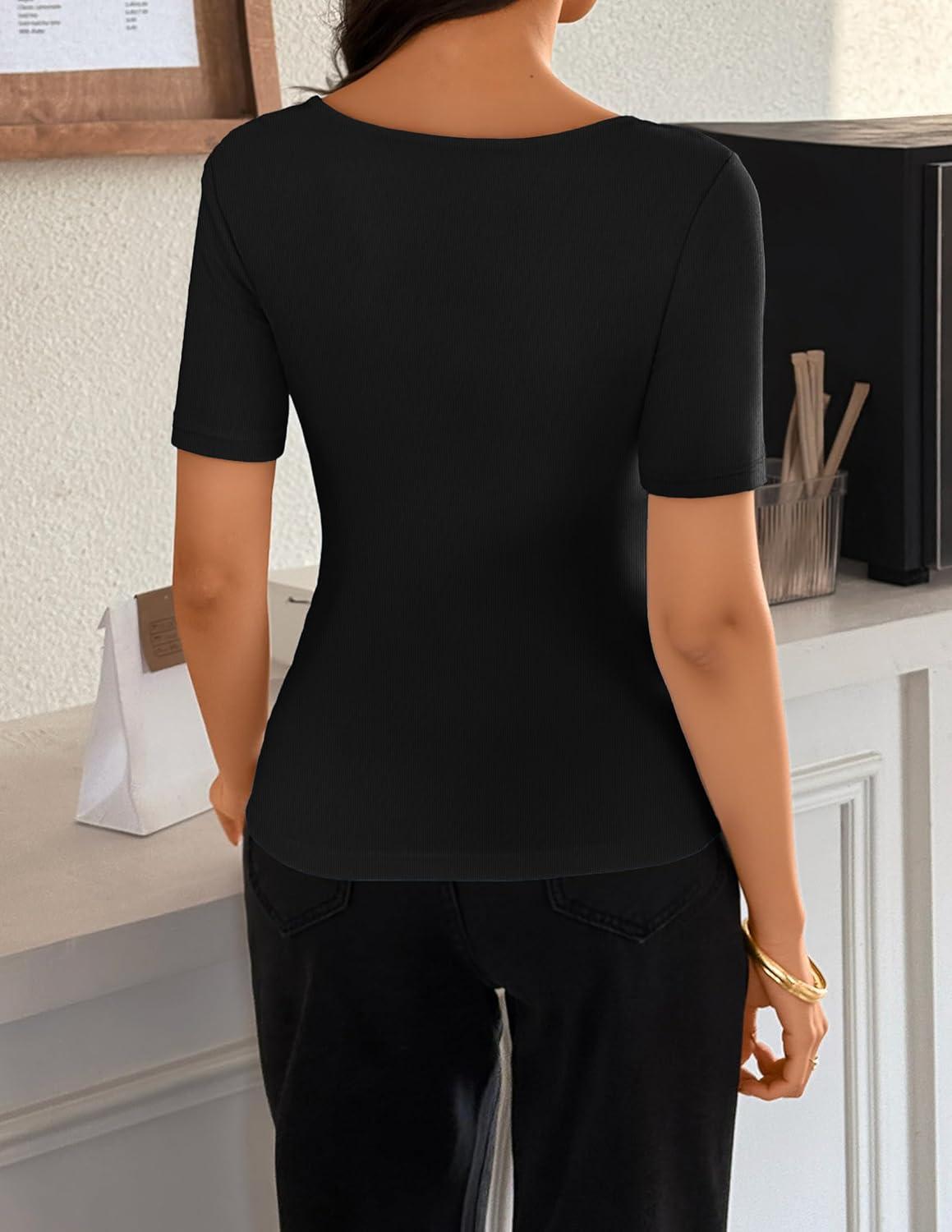 imageZESICA Womens Short Sleeve Shirts 2026 Summer Cowl Neck Ruched Slim Fit TShirts Going Out Tops Dressy Casual ClothesBlack
