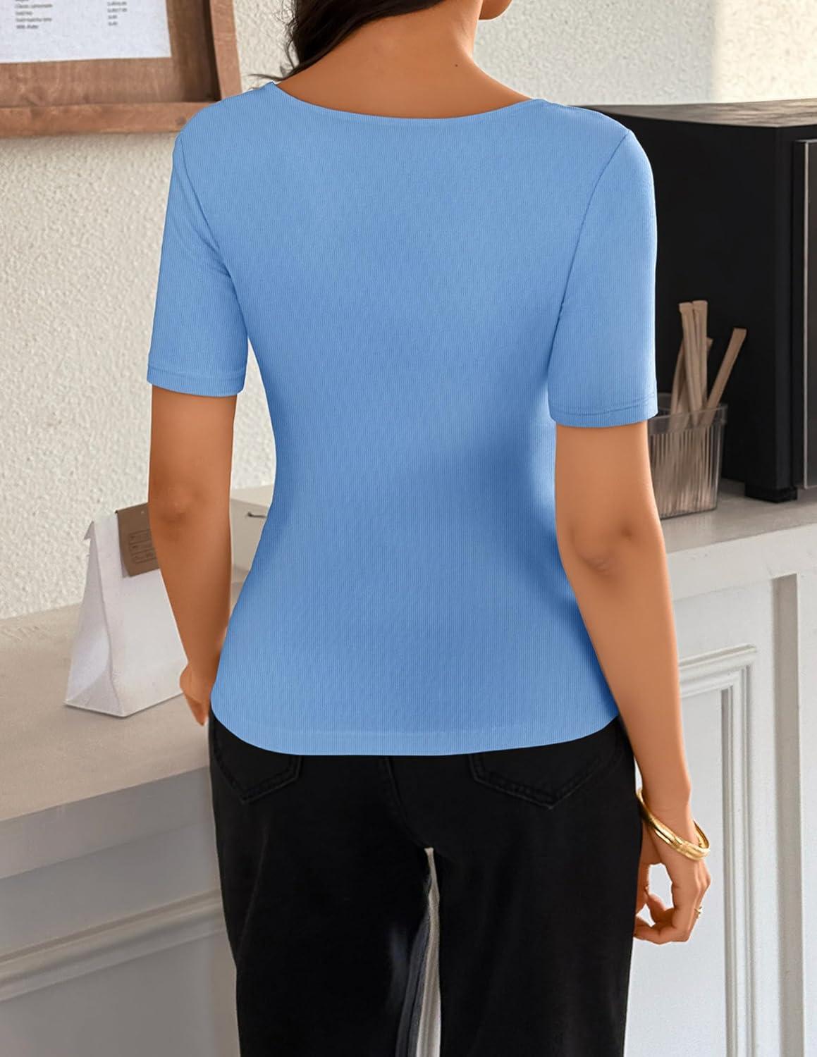 imageZESICA Womens Short Sleeve Shirts 2026 Summer Cowl Neck Ruched Slim Fit TShirts Going Out Tops Dressy Casual ClothesBlue
