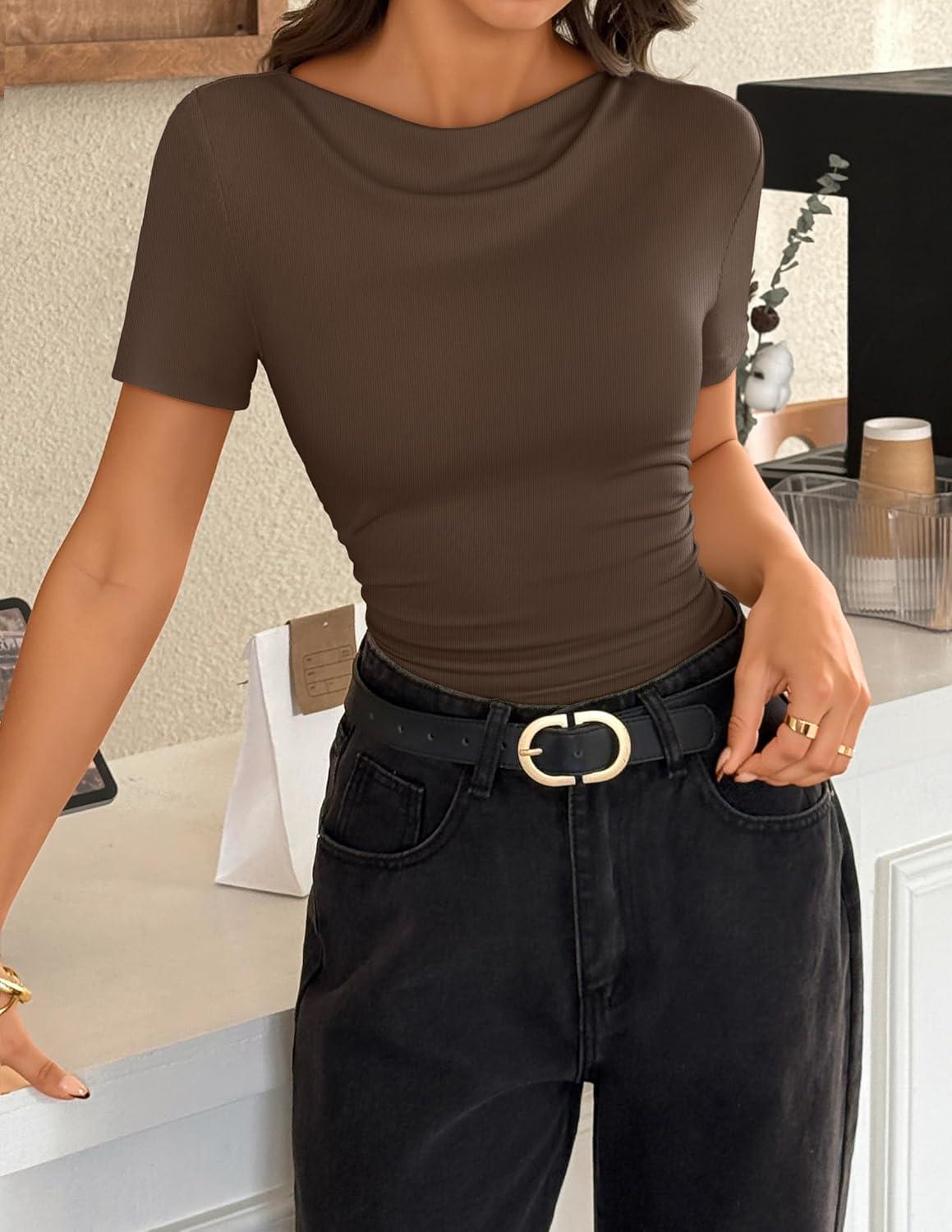 imageZESICA Womens Short Sleeve Shirts 2026 Summer Cowl Neck Ruched Slim Fit TShirts Going Out Tops Dressy Casual ClothesCoffee