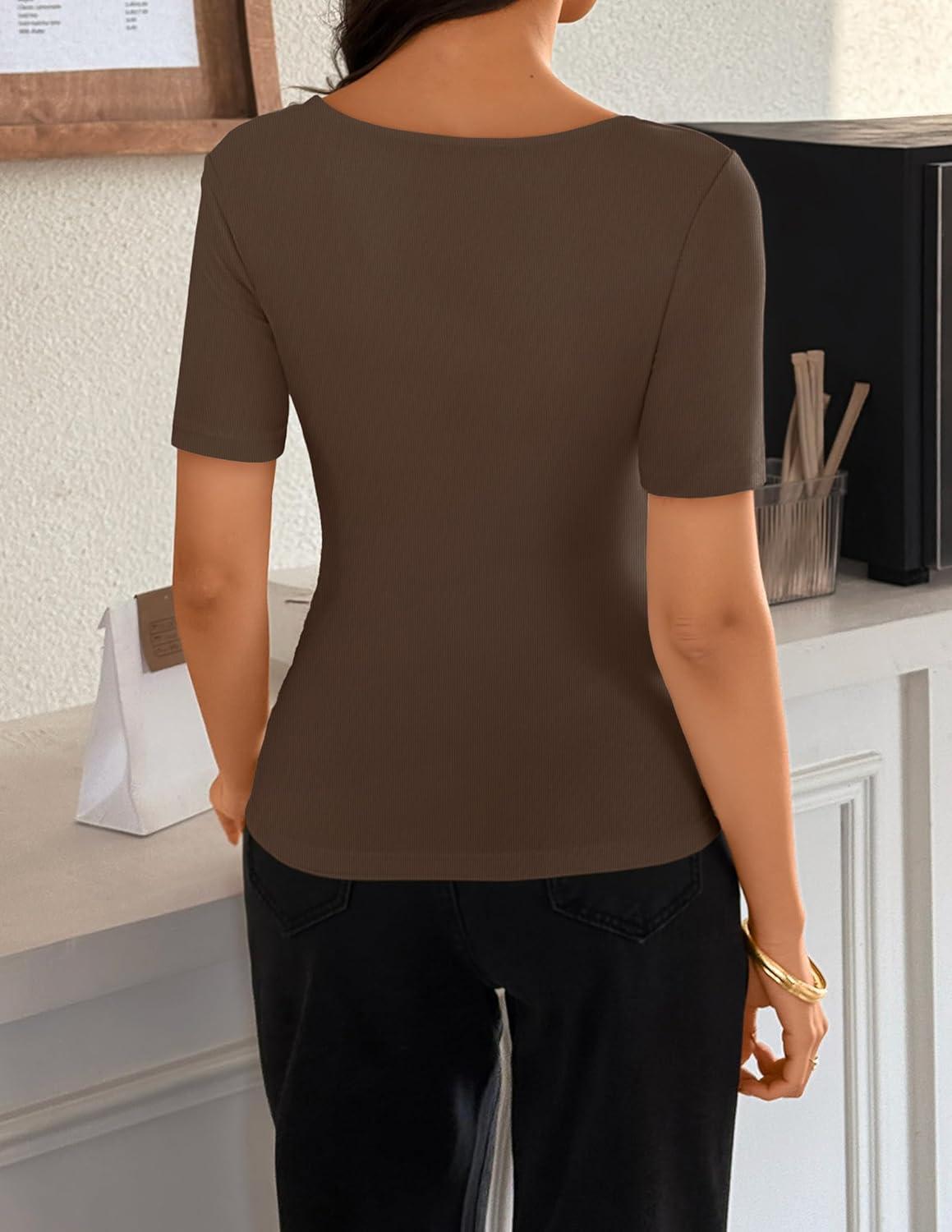 imageZESICA Womens Short Sleeve Shirts 2026 Summer Cowl Neck Ruched Slim Fit TShirts Going Out Tops Dressy Casual ClothesCoffee