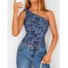 ZESICA Women’s Summer One Shoulder Going Out Tops 2026 Trendy Sleeveless Fitted Fashion Floral Y2K Shirts(Dustyblue)